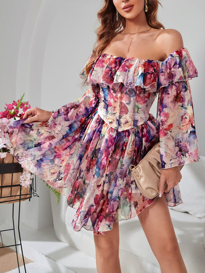 فستان بطباعة زهر شامل مقلم بكشكش حمالة