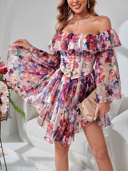 فستان بطباعة زهر شامل مقلم بكشكش حمالة