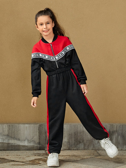 جمبسوت ألوان متباينة متباين شريط عبارة طوق بيسبول سستة قطعة واحدة بنات