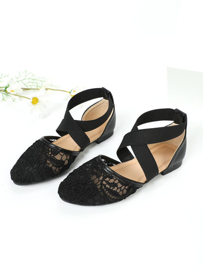 حذاء مسطح بحزام كاحل مطرز بأزهار باصابع قدم مدبب بنات