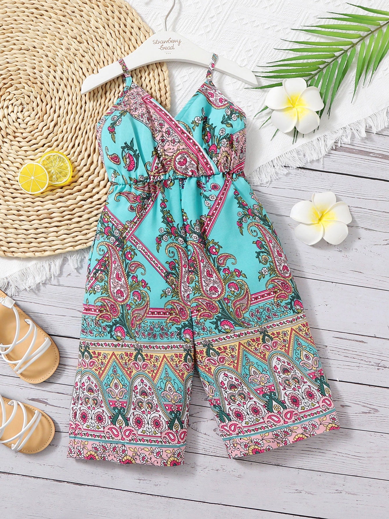 بدلة للأطفال الرضع فتاة مع طبعة بيزلي وأزهار وحمالة كامي ملفوفة