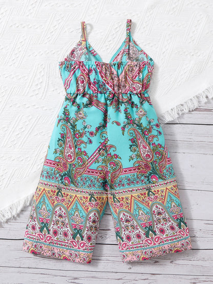 بدلة للأطفال الرضع فتاة مع طبعة بيزلي وأزهار وحمالة كامي ملفوفة