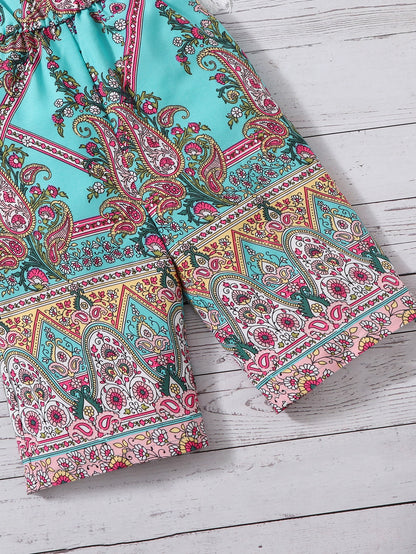 بدلة للأطفال الرضع فتاة مع طبعة بيزلي وأزهار وحمالة كامي ملفوفة