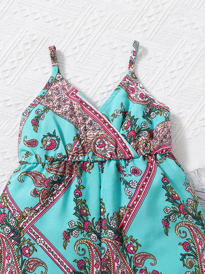 بدلة للأطفال الرضع فتاة مع طبعة بيزلي وأزهار وحمالة كامي ملفوفة