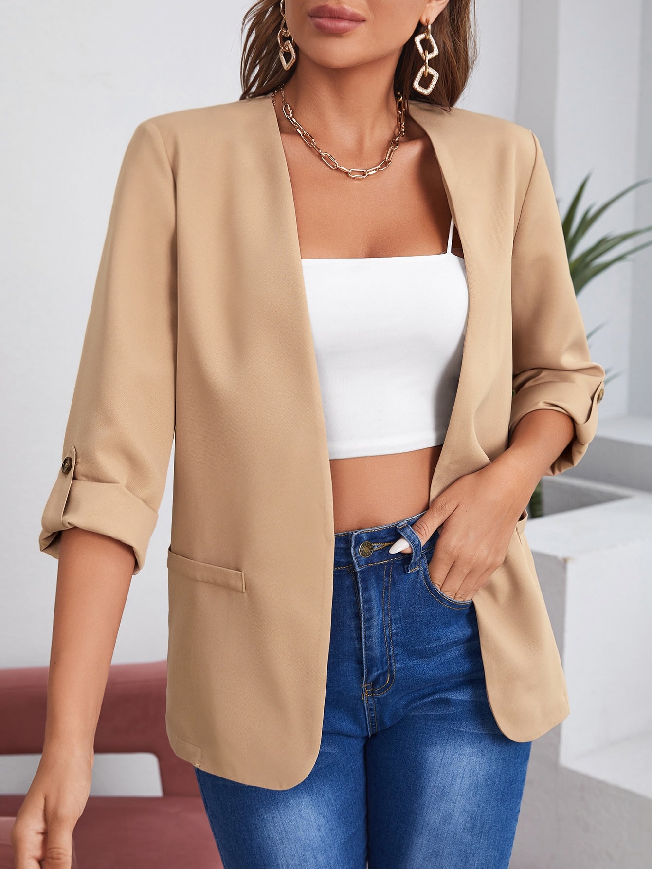 جاكيت اكمام مطوية مفتوح امامي