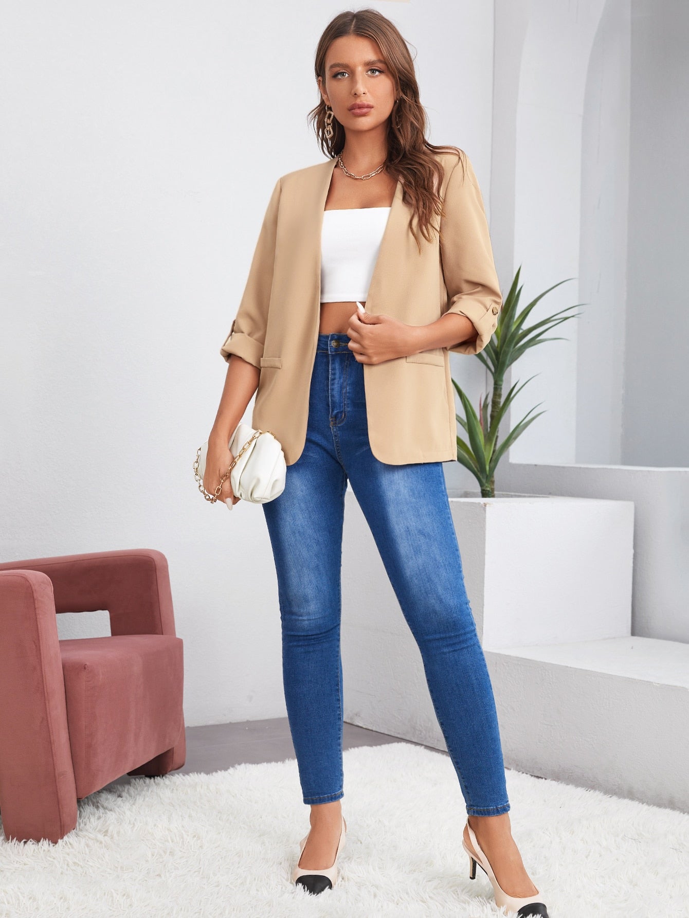 جاكيت اكمام مطوية مفتوح امامي