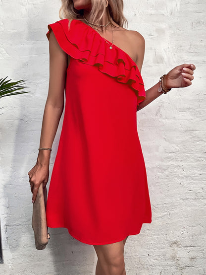 فستان تونك كتف واحد طبقات مقلم بكشكش