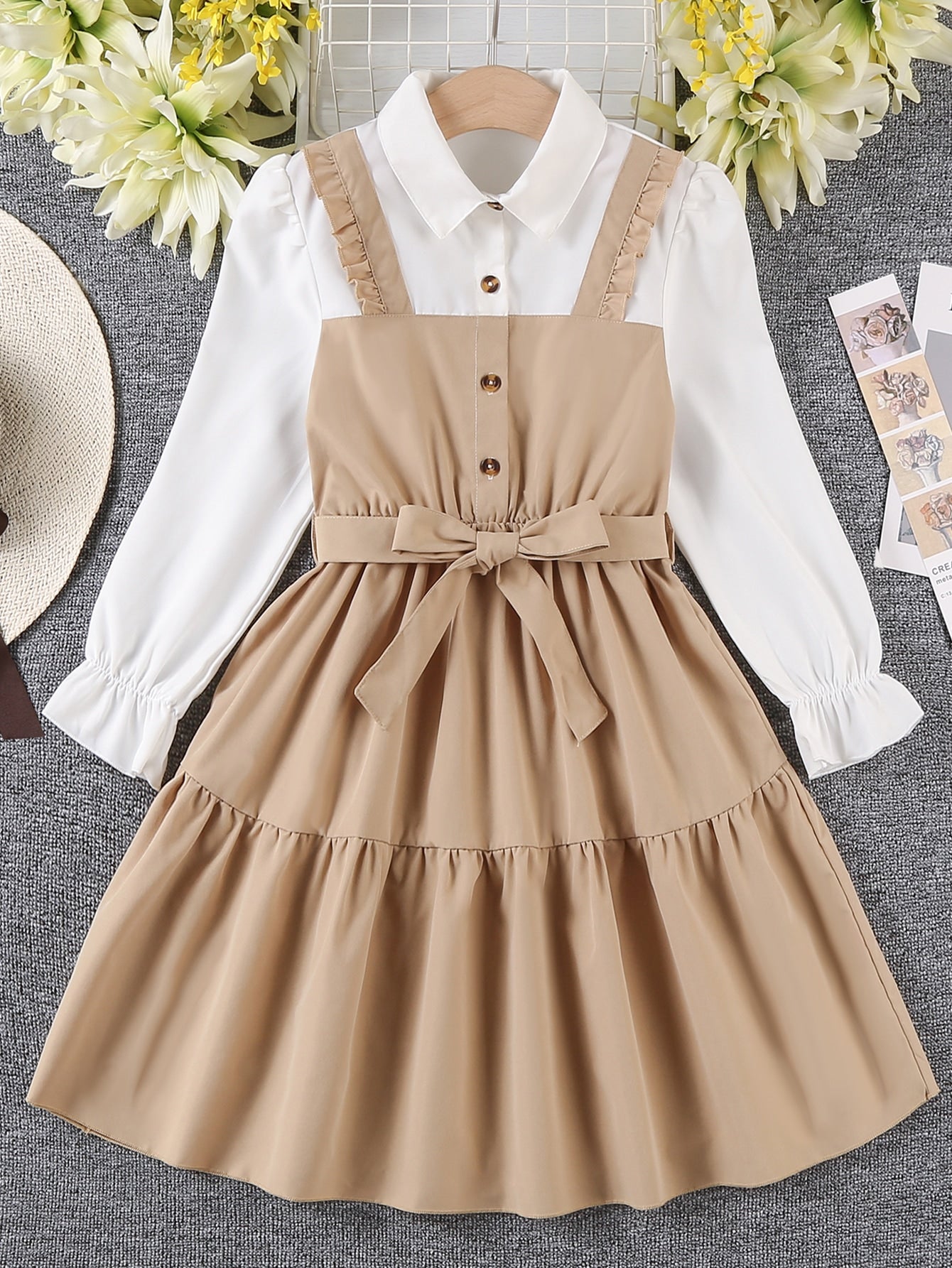 فستان 2 في 1 ألوان متباينة اكمام منتفضة حافة مكشكشة حزام بنات