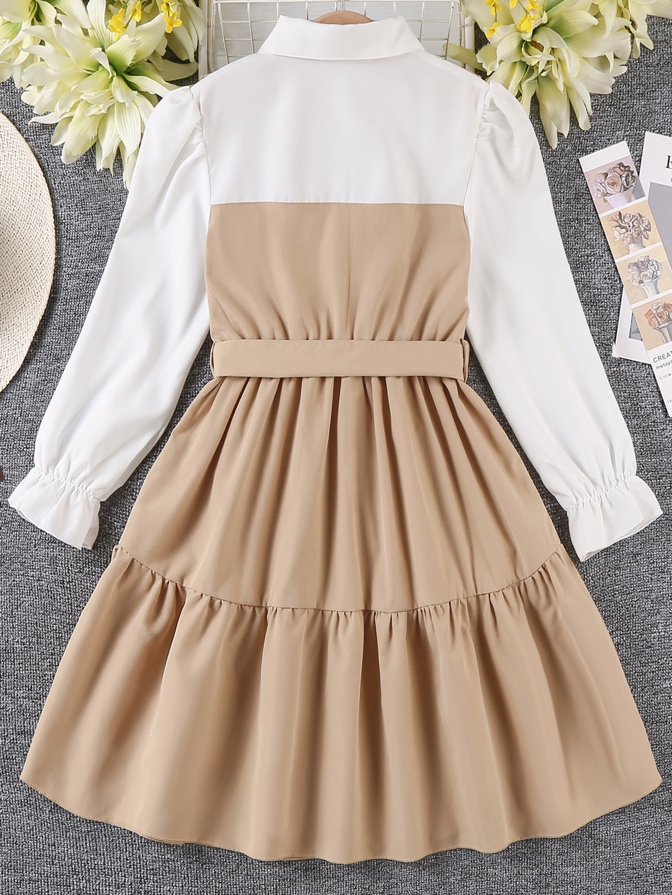 فستان 2 في 1 ألوان متباينة اكمام منتفضة حافة مكشكشة حزام بنات