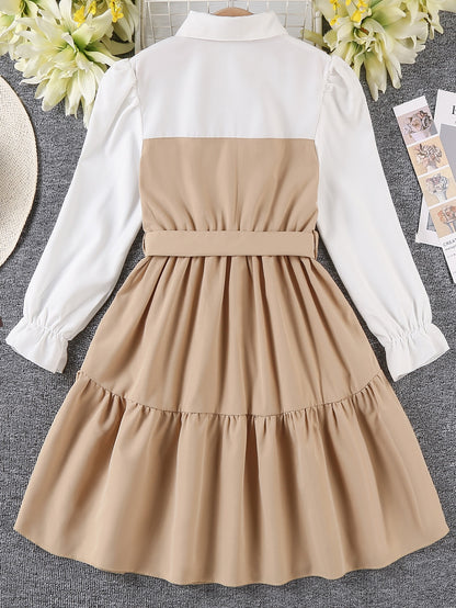 فستان 2 في 1 ألوان متباينة اكمام منتفضة حافة مكشكشة حزام بنات
