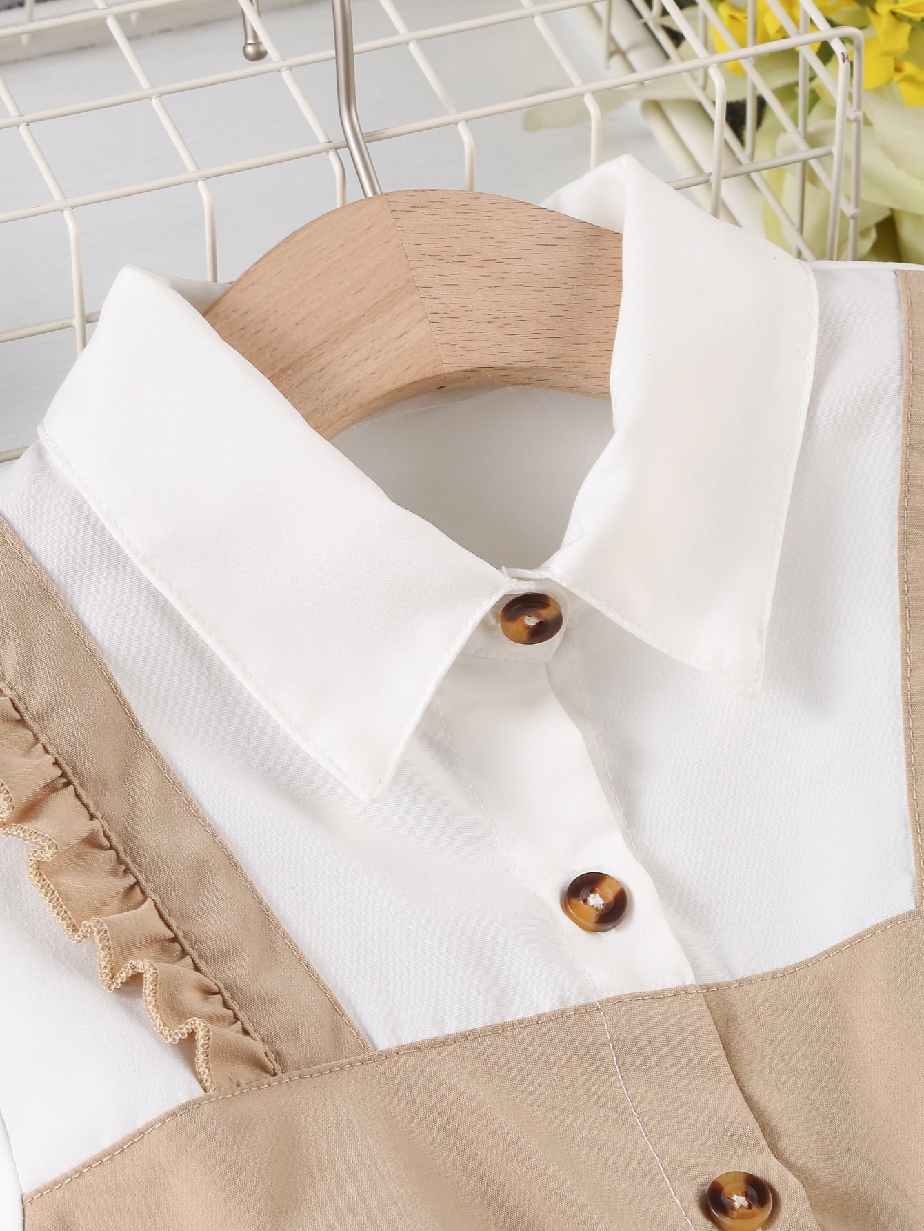 فستان 2 في 1 ألوان متباينة اكمام منتفضة حافة مكشكشة حزام بنات