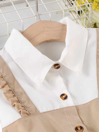 فستان 2 في 1 ألوان متباينة اكمام منتفضة حافة مكشكشة حزام بنات