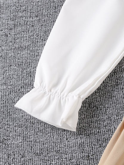 فستان 2 في 1 ألوان متباينة اكمام منتفضة حافة مكشكشة حزام بنات