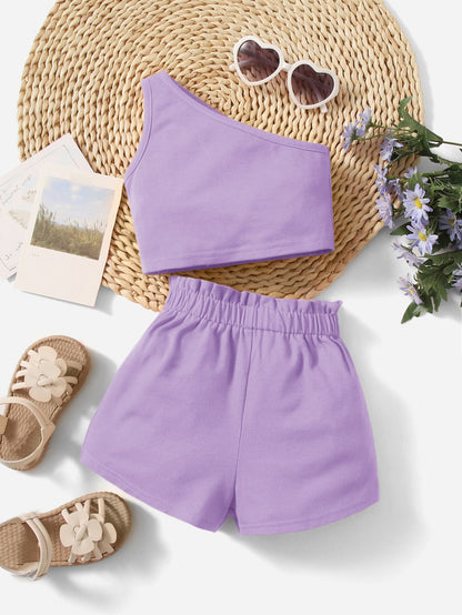 قميص كتف واحد للبنات الأطفال وملابس سروال قصير ذو خصر مطوي واسع