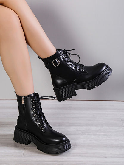 بوت كاحل برقبة بكعب سميك مريحة تربيط الخريف/الشتاء، أسود وأبيض