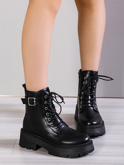 بوت كاحل برقبة بكعب سميك مريحة تربيط الخريف/الشتاء، أسود وأبيض