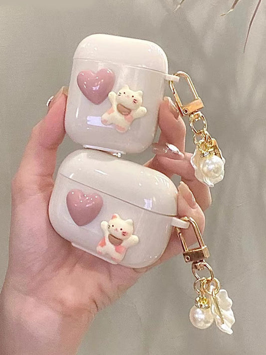 علبة سماعات الأذن الزخرفية بقط وقلب كرتوني ل- Airpods 1/2 Airpods Pro