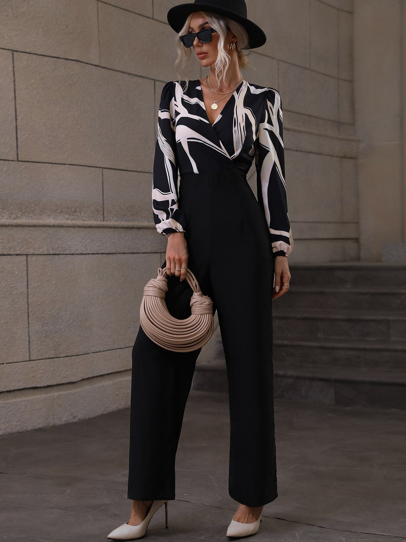 جمبسوت طباعة النقش عنق متداخل أكمام فانوس