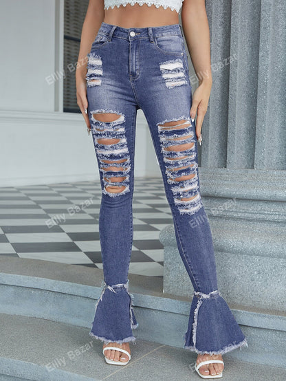 بنطلون جينز واسع من الاسفل ممزق مهتري الحواف