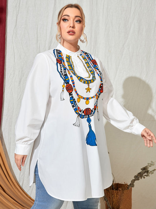 مقاس كبير لباس علوي منخفض الاكتاف نمط جرافيك مشقوق جانبي