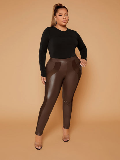 بنطلون نحيل خصر عالي ادخال شبكي جلد صناعي مقاس كبير