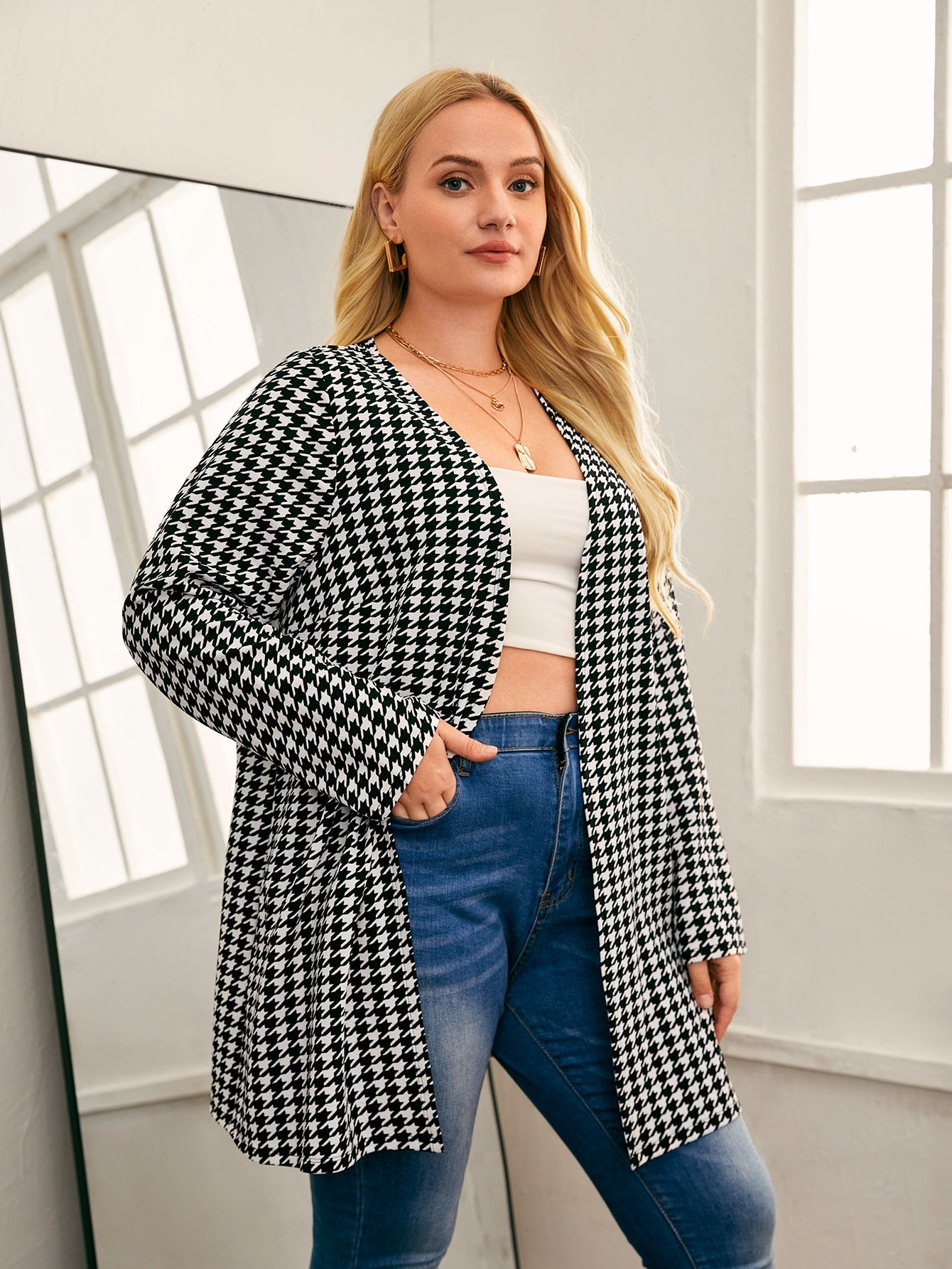 معطف طباعة نقش مسنن مفتوح امامي