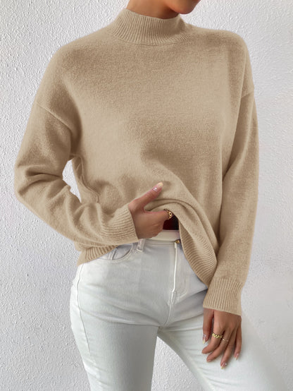 بلوزة كنزة صوفية ذات ياقة مزيفة وأكتاف متساقطة، تناسب السيدات للخريف والربيع، كم طويل بياقة عادية وأكتاف متساقطة بلون المشمش