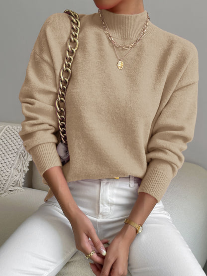 بلوزة كنزة صوفية ذات ياقة مزيفة وأكتاف متساقطة، تناسب السيدات للخريف والربيع، كم طويل بياقة عادية وأكتاف متساقطة بلون المشمش