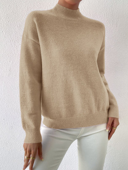 بلوزة كنزة صوفية ذات ياقة مزيفة وأكتاف متساقطة، تناسب السيدات للخريف والربيع، كم طويل بياقة عادية وأكتاف متساقطة بلون المشمش