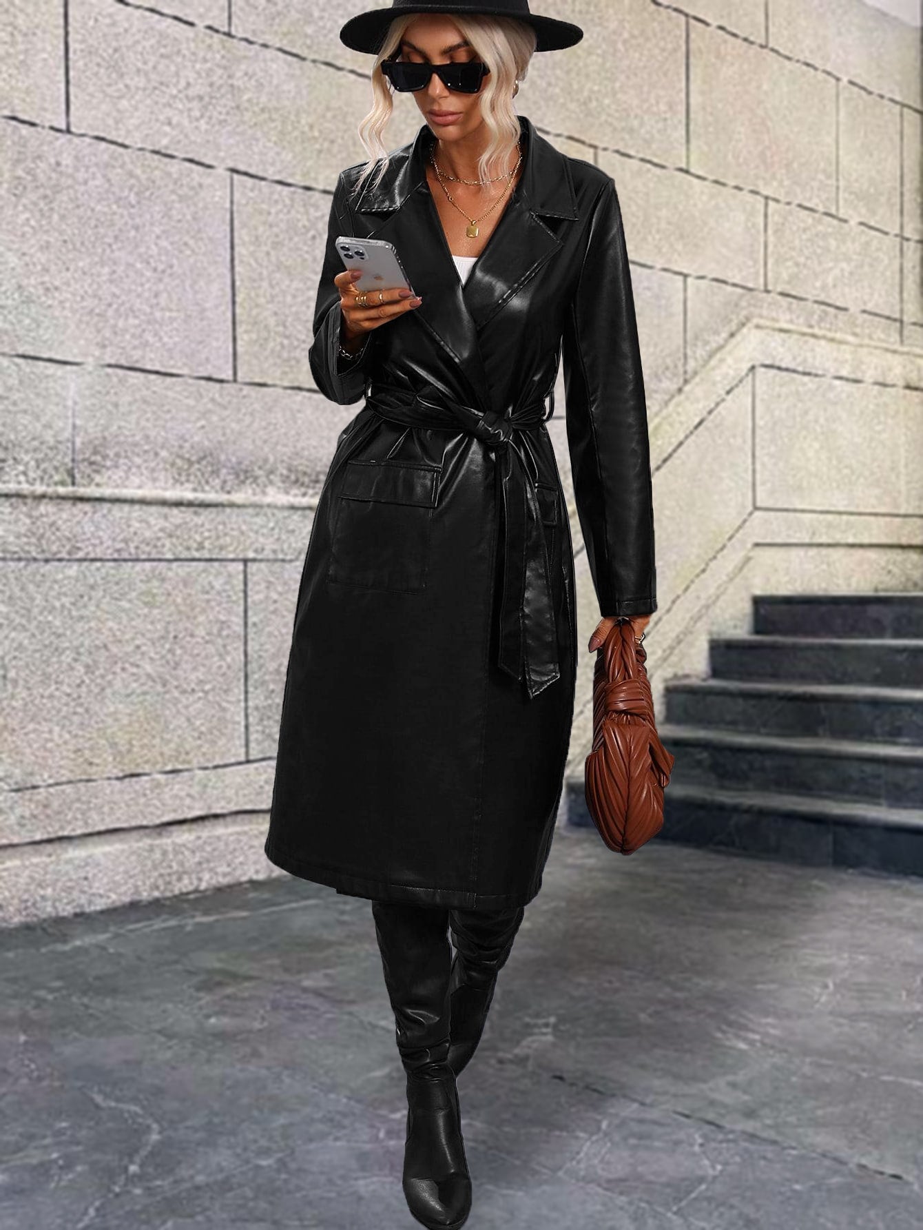 معطف سيدات من البولي يوريثان مزود بجيوب وحزام، مناسب للبس في الشتاء