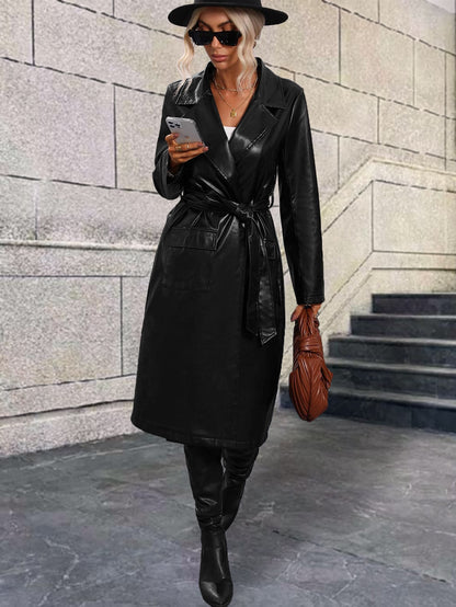 معطف سيدات من البولي يوريثان مزود بجيوب وحزام، مناسب للبس في الشتاء