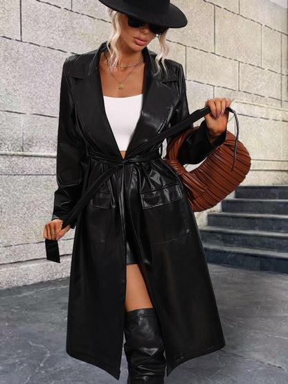 معطف سيدات من البولي يوريثان مزود بجيوب وحزام، مناسب للبس في الشتاء