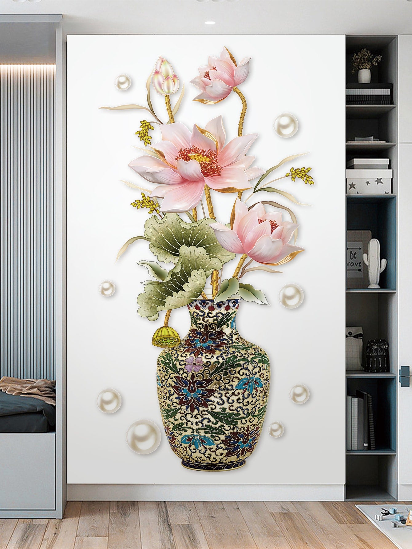 ملصق حائط مطبوع عليه زهور ومزهرية