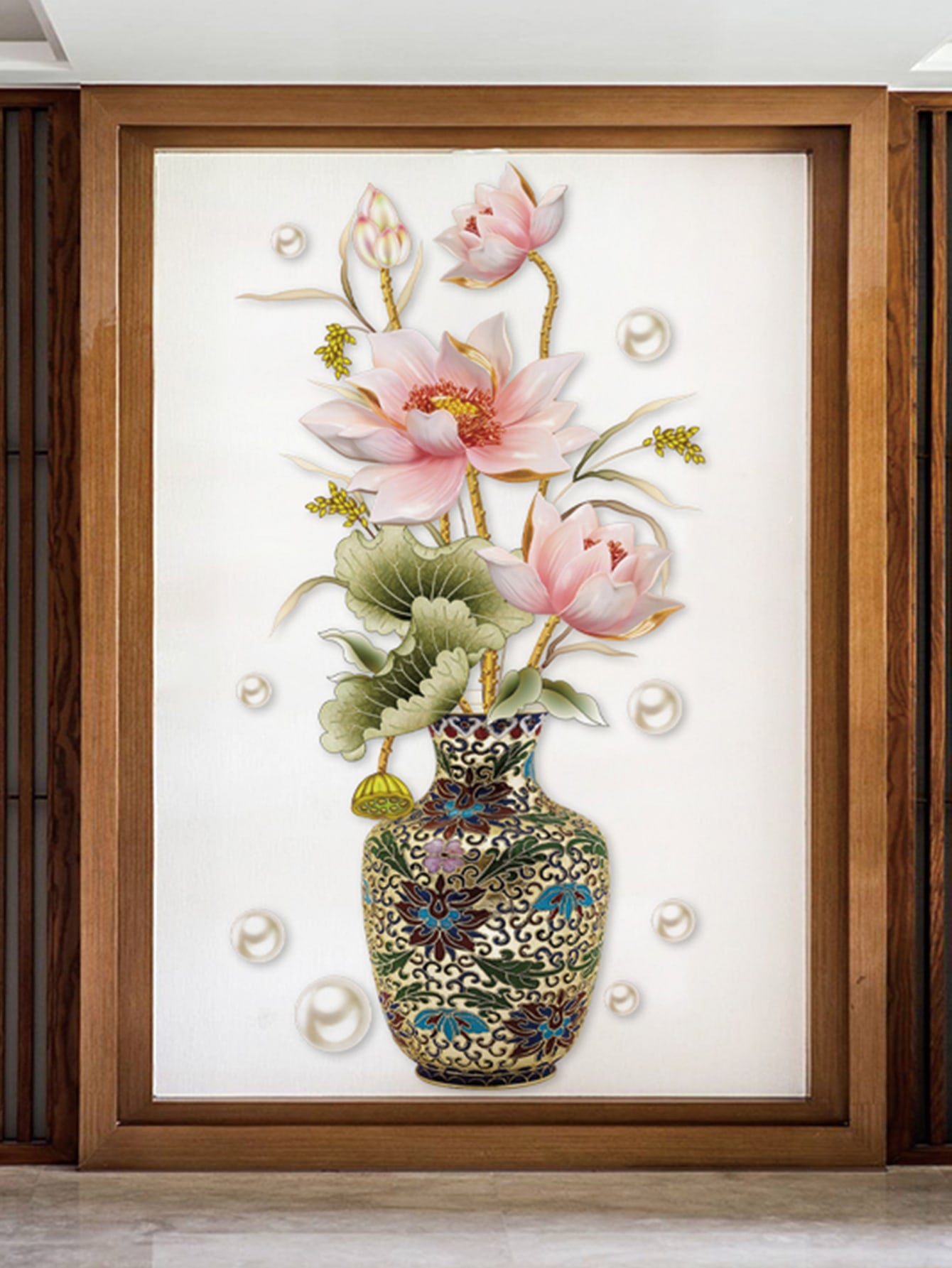 ملصق حائط مطبوع عليه زهور ومزهرية