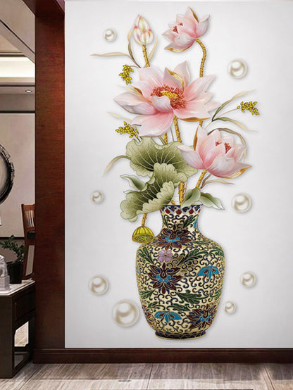 ملصق حائط مطبوع عليه زهور ومزهرية