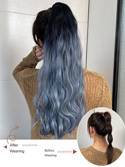 إطالة شعر نمط ذيل حصان مجعد طويل بلونين باروكة