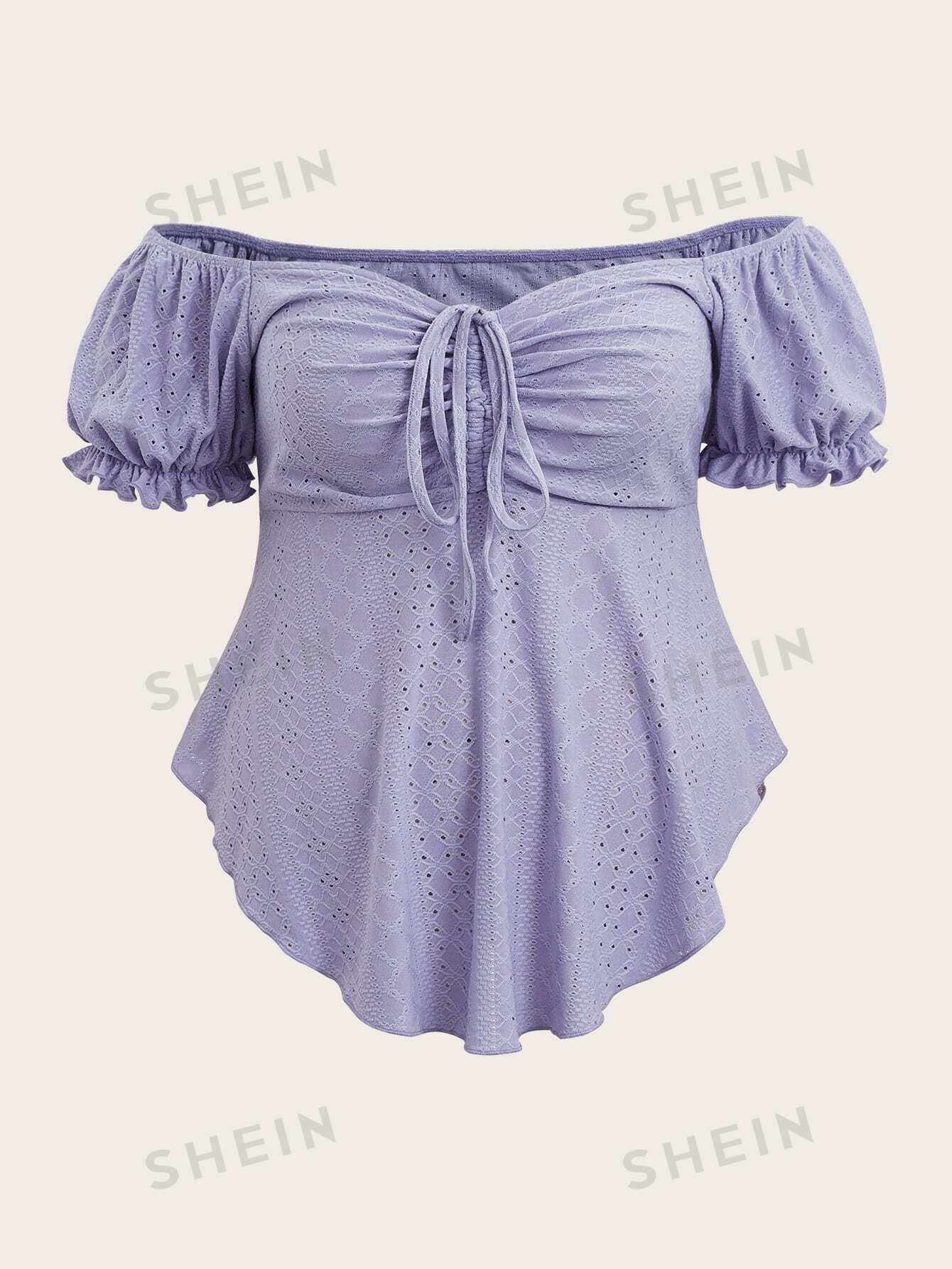 تي شيرت مكشوف الكتف اكمام منتفخة برباط امامي مطرز حلقي مقاس كبير