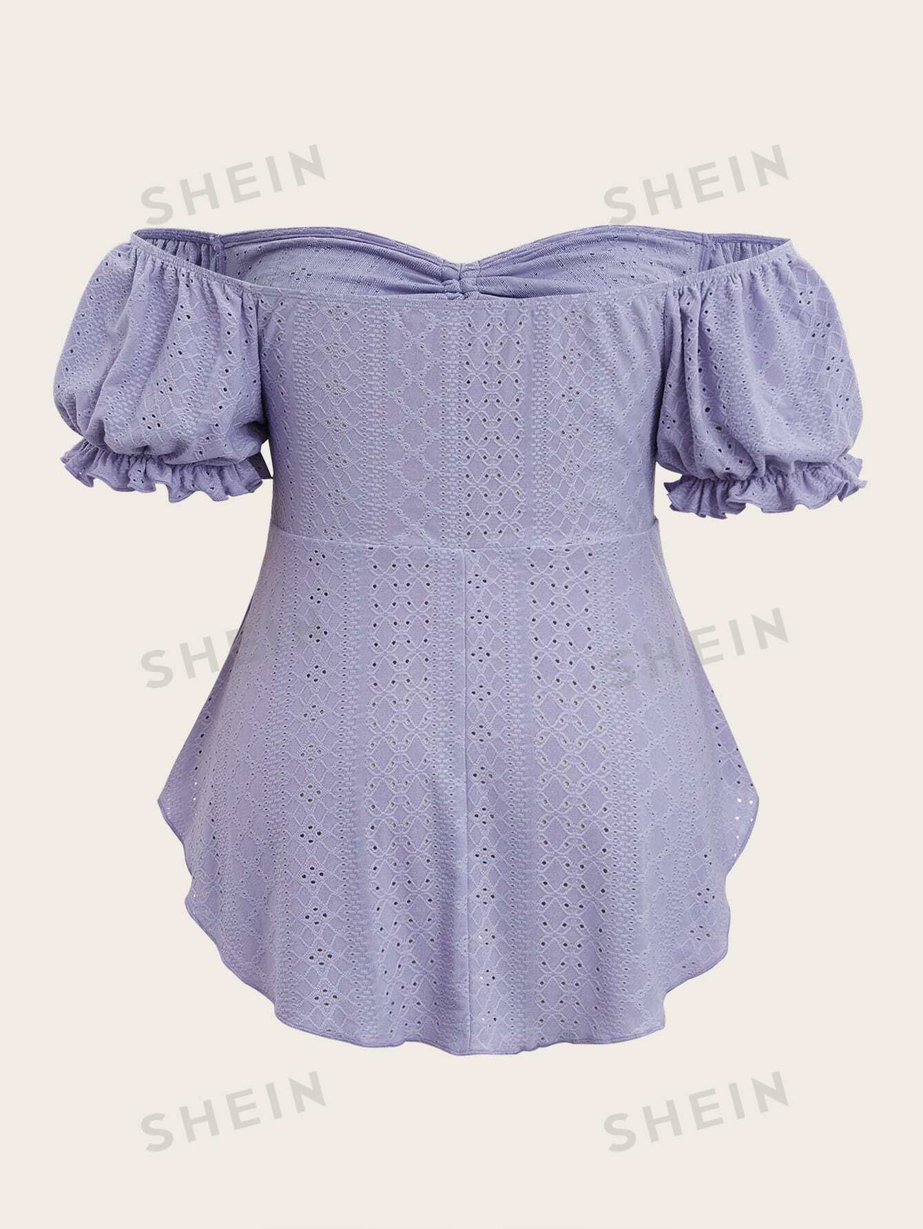 تي شيرت مكشوف الكتف اكمام منتفخة برباط امامي مطرز حلقي مقاس كبير