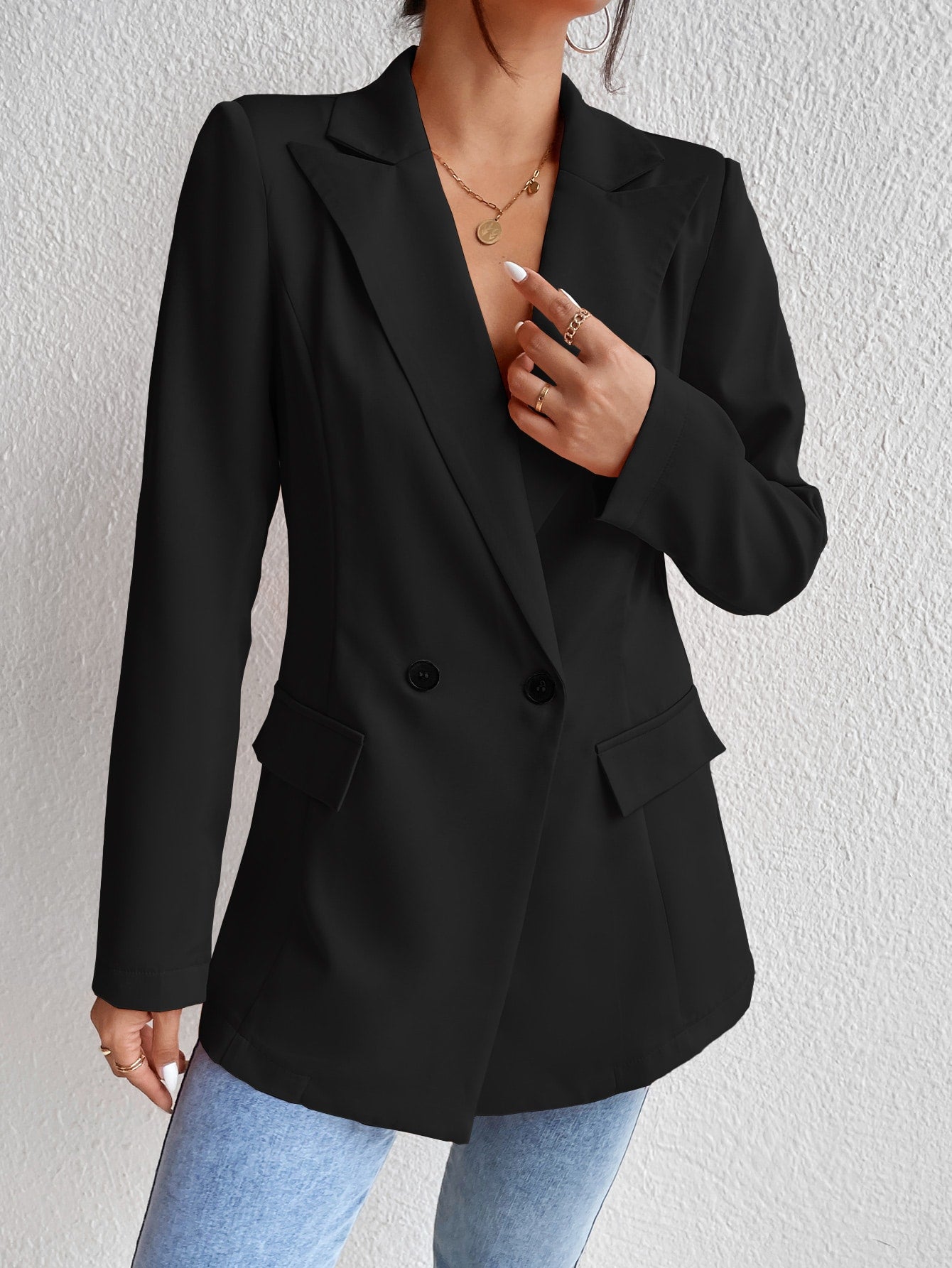 جاكيت أزرار مزدوجة ياقة مطوي مسنن