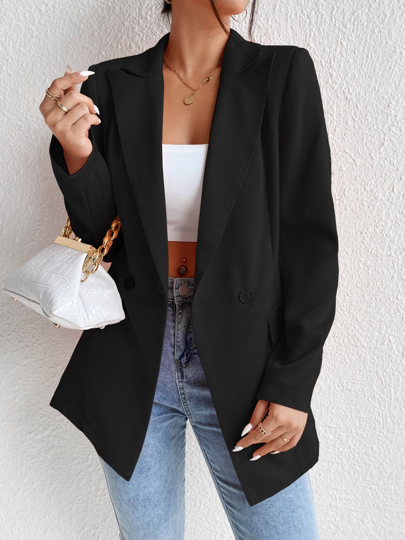 جاكيت أزرار مزدوجة ياقة مطوي مسنن