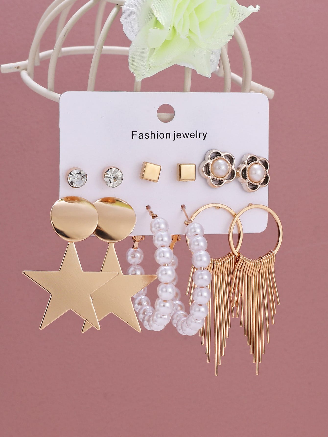 أقراط ديكور نجمة ولؤلؤة مزيفة 6 أزواج