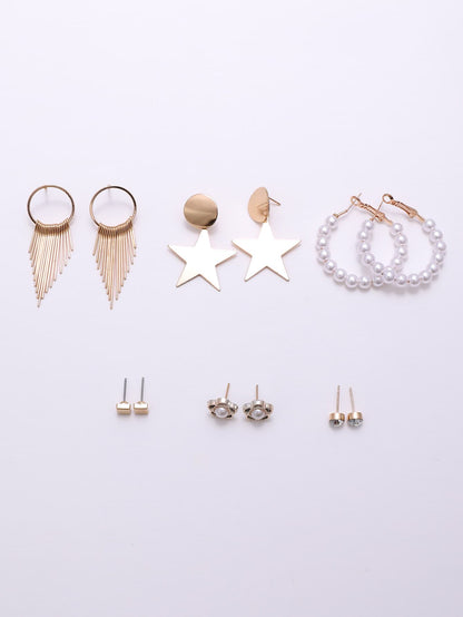 أقراط ديكور نجمة ولؤلؤة مزيفة 6 أزواج