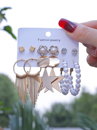 أقراط ديكور نجمة ولؤلؤة مزيفة 6 أزواج