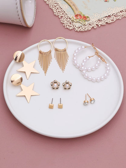 أقراط ديكور نجمة ولؤلؤة مزيفة 6 أزواج