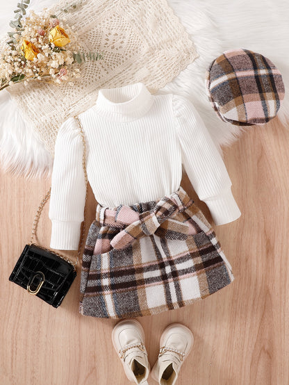 تي شيرت للاطفال ياقة دائري اكمام منتفخة وتنورة مربعات ملونة حزام