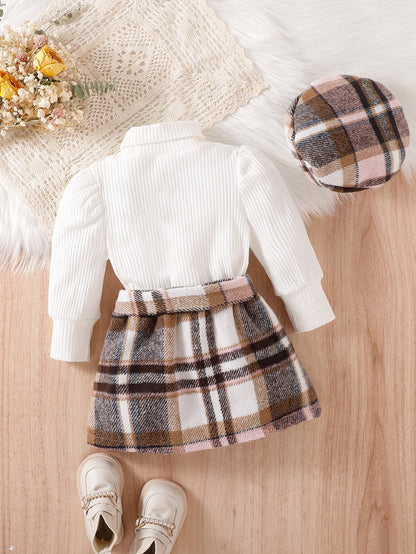 تي شيرت للاطفال ياقة دائري اكمام منتفخة وتنورة مربعات ملونة حزام