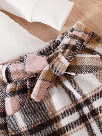 تي شيرت للاطفال ياقة دائري اكمام منتفخة وتنورة مربعات ملونة حزام