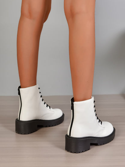 سستة خلفي رباط امامي جزمة عسكرية , للنساء الموضة حذاء كعب مكتنز أبيض موحد اللون جزمة برقبة طويلة