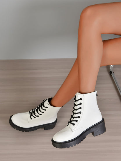 سستة خلفي رباط امامي جزمة عسكرية , للنساء الموضة حذاء كعب مكتنز أبيض موحد اللون جزمة برقبة طويلة