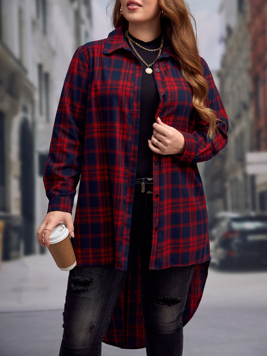 بلوزة طباعة مربع النقش بحافة عالي ومنخفض مقاس كبير